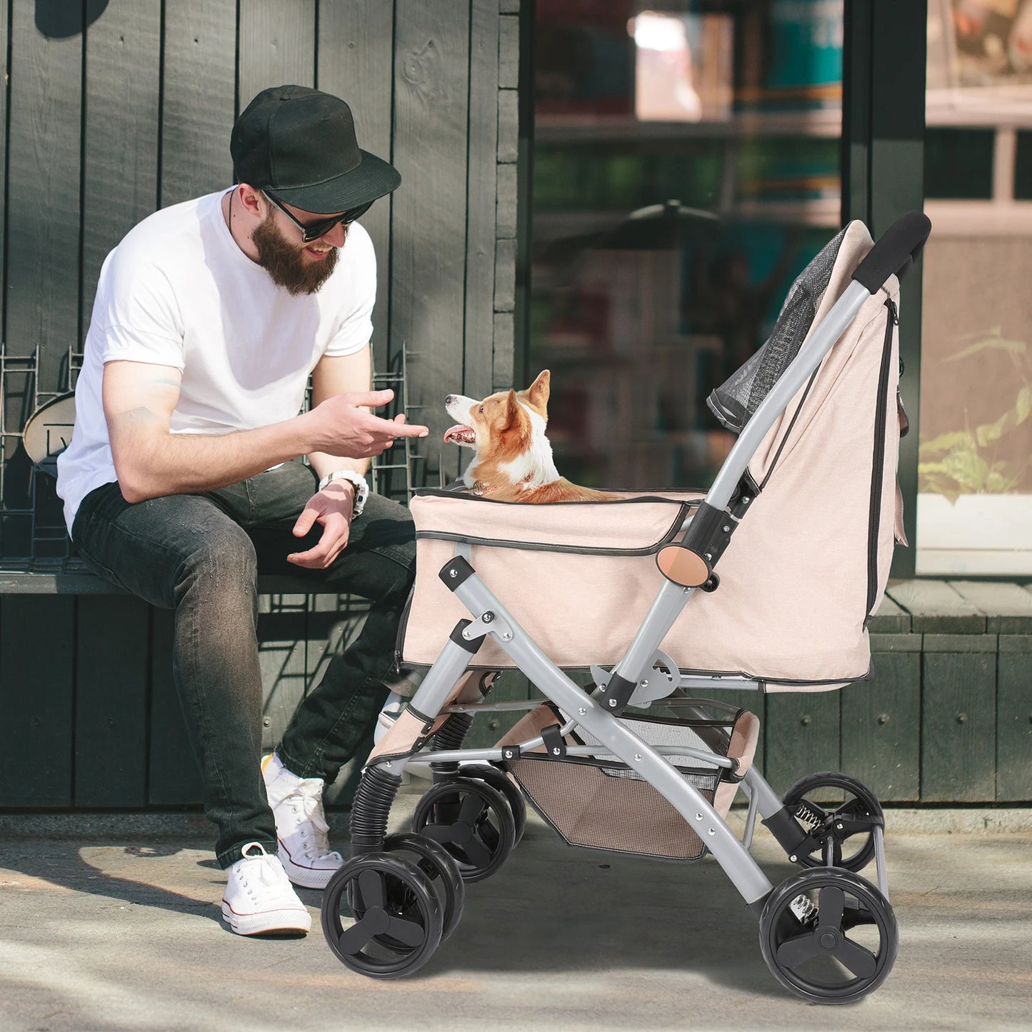 Wedyvko Foldable Cat Dog Stroller With Shock Absorption Travel Carrier