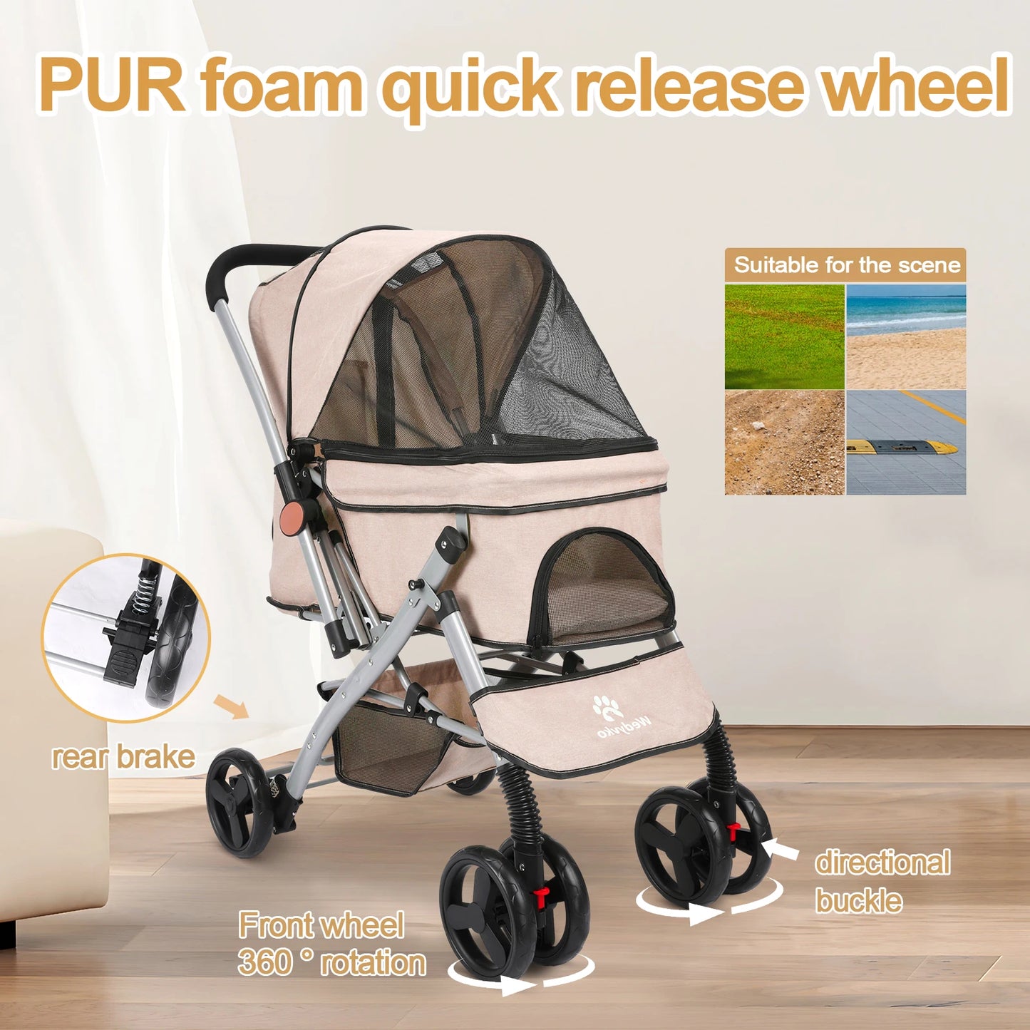 Wedyvko Foldable Cat Dog Stroller With Shock Absorption Travel Carrier