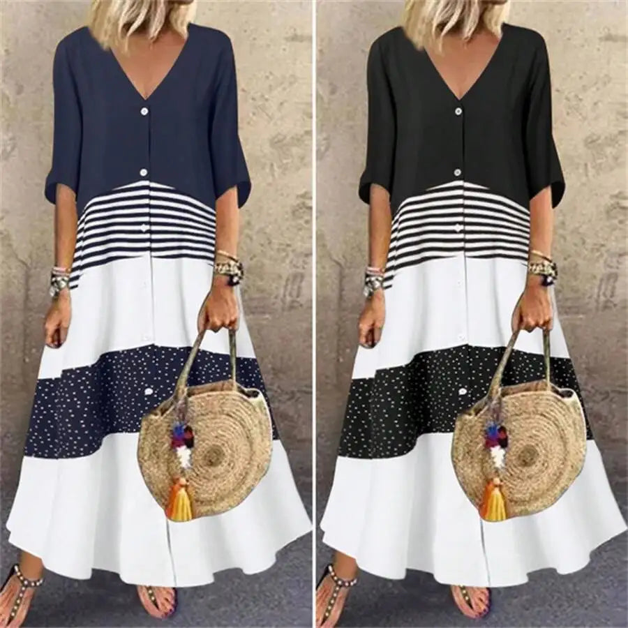 Women V Neck Button Front Jersey Knit Dress With Stripes And Polka Dots