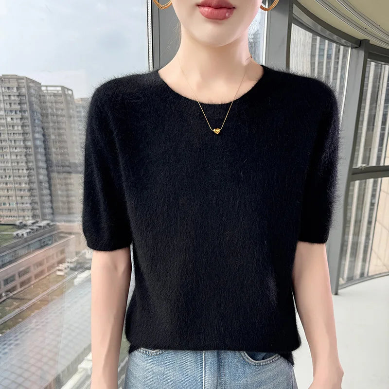FRSEUCAG Women's Mink Cashmere Knit Sweater O-Neck Short Sleeve Pullover