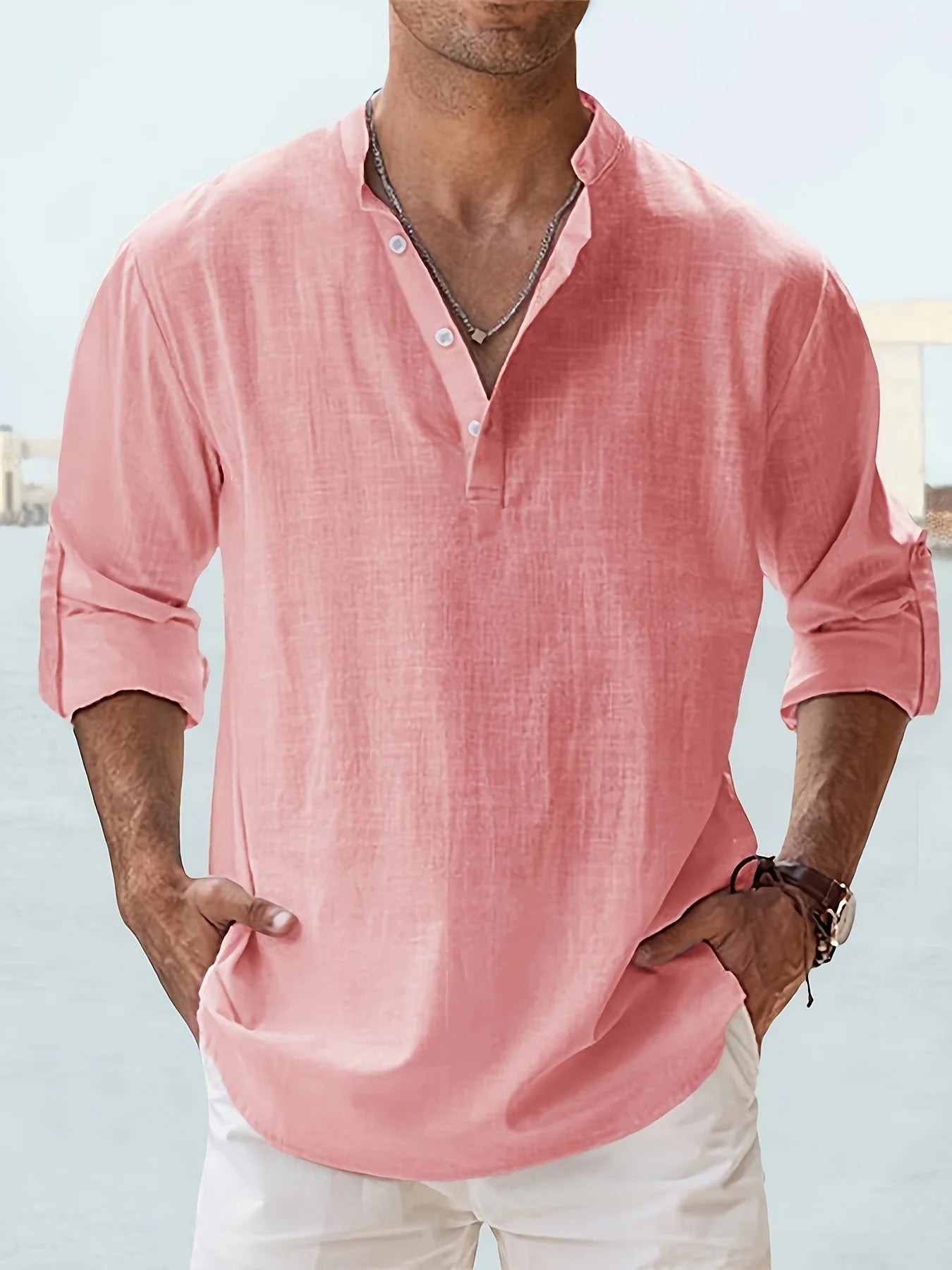Men's Linen Stand Collar Long Sleeve Shirt Cotton Blend