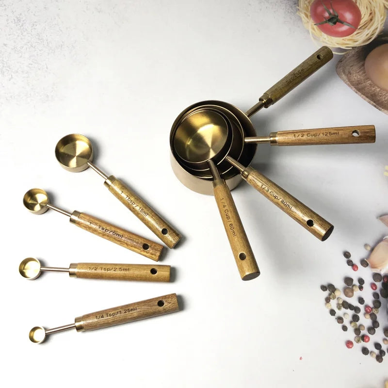 Stainless Steel Measuring Cups And Spoons Set With Wood Handle