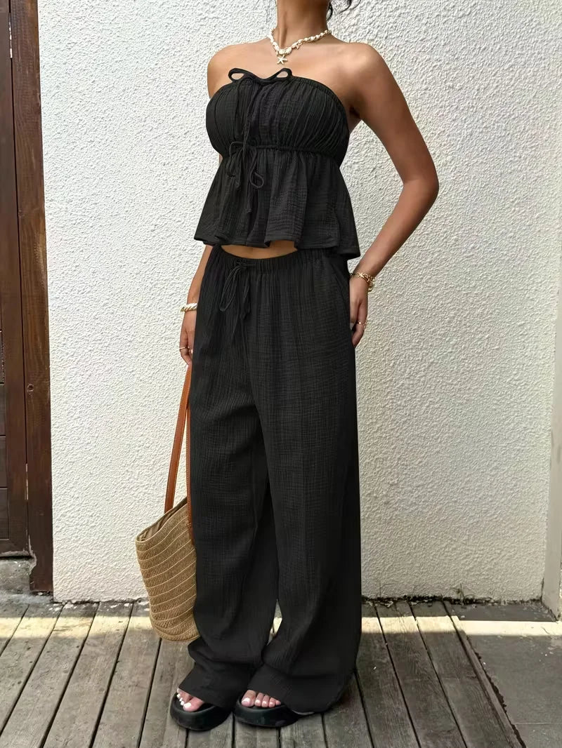 Women Two Piece Lace Up Top And Pants Set