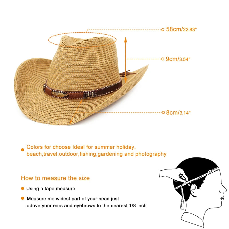 Gemvie Western Cowboy Sun Hat Unisex Wide Brim Straw Cap