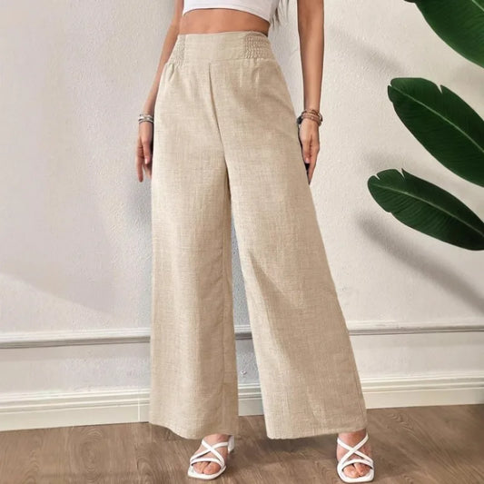 Womens Linen Blend High Waist Wide Leg Pants Smocked Waist