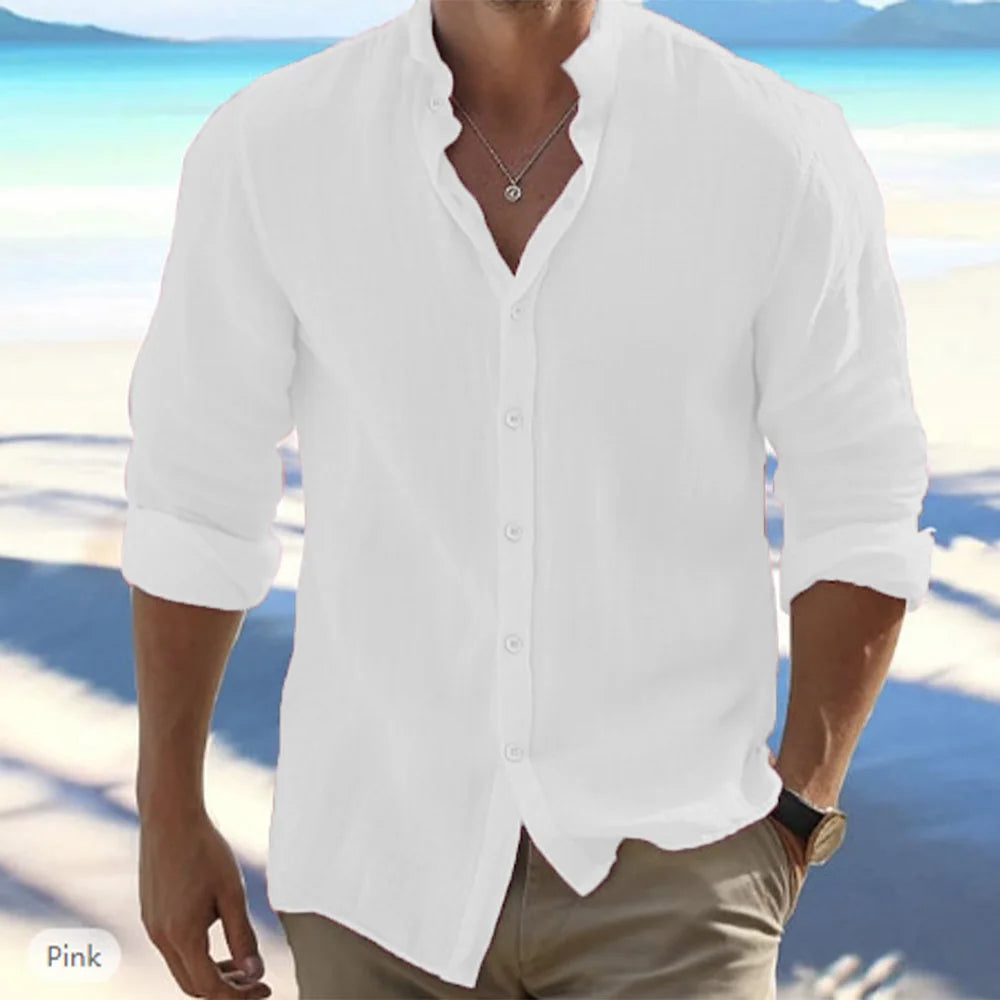 FURCW Cotton Linen Men's Sailor Collar Shirt Summer Beach Style