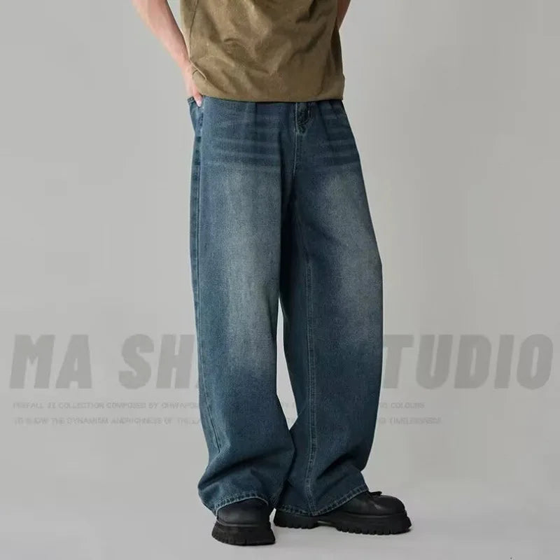 Men's Washed Denim Jeans With Loose Fit Wide Leg Trousers