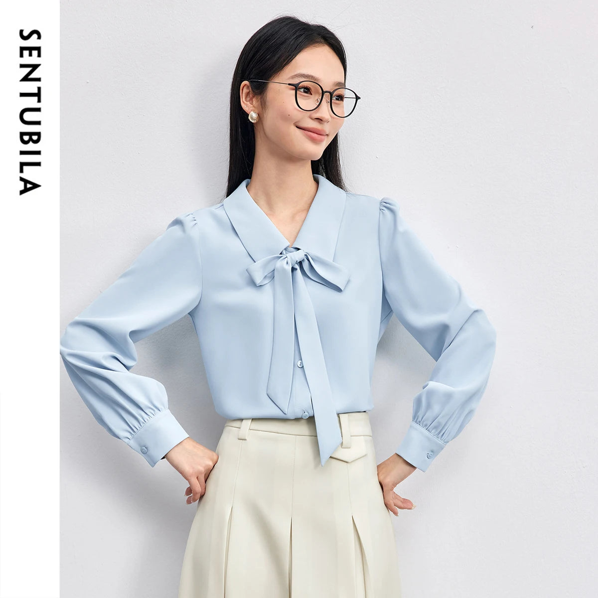 Sentubila Womens Detachable Ribbon Turn Down Collar Long Sleeve Shirt