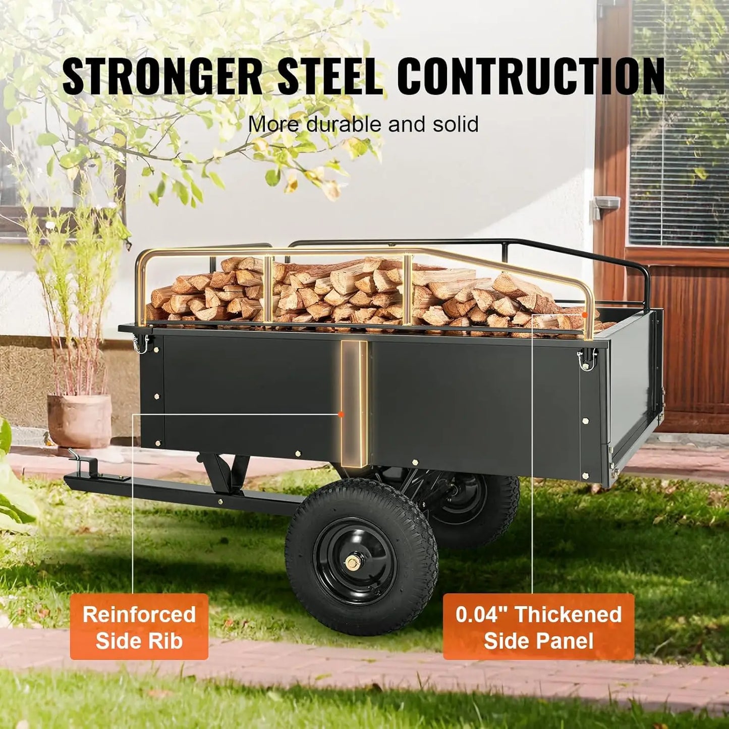 HeavyDutyATVDumpCart Capacity750Lb FifteenCuFt UtilityTrailer ForLawnMower TractorYardWork HaulReliable AllTerrain