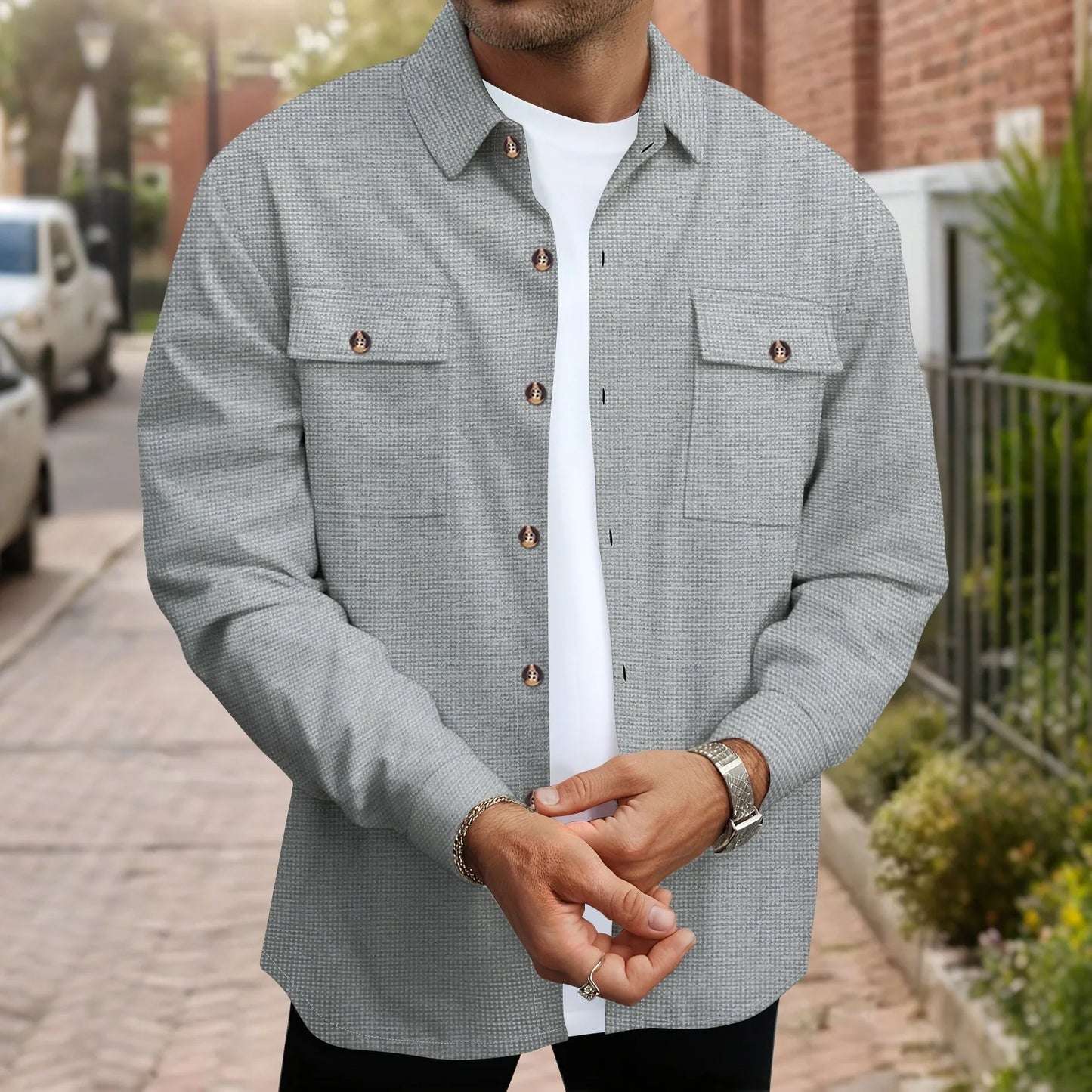 Mens Casual Waffle Texture Button Up Shirt Shacket Lapel Collar