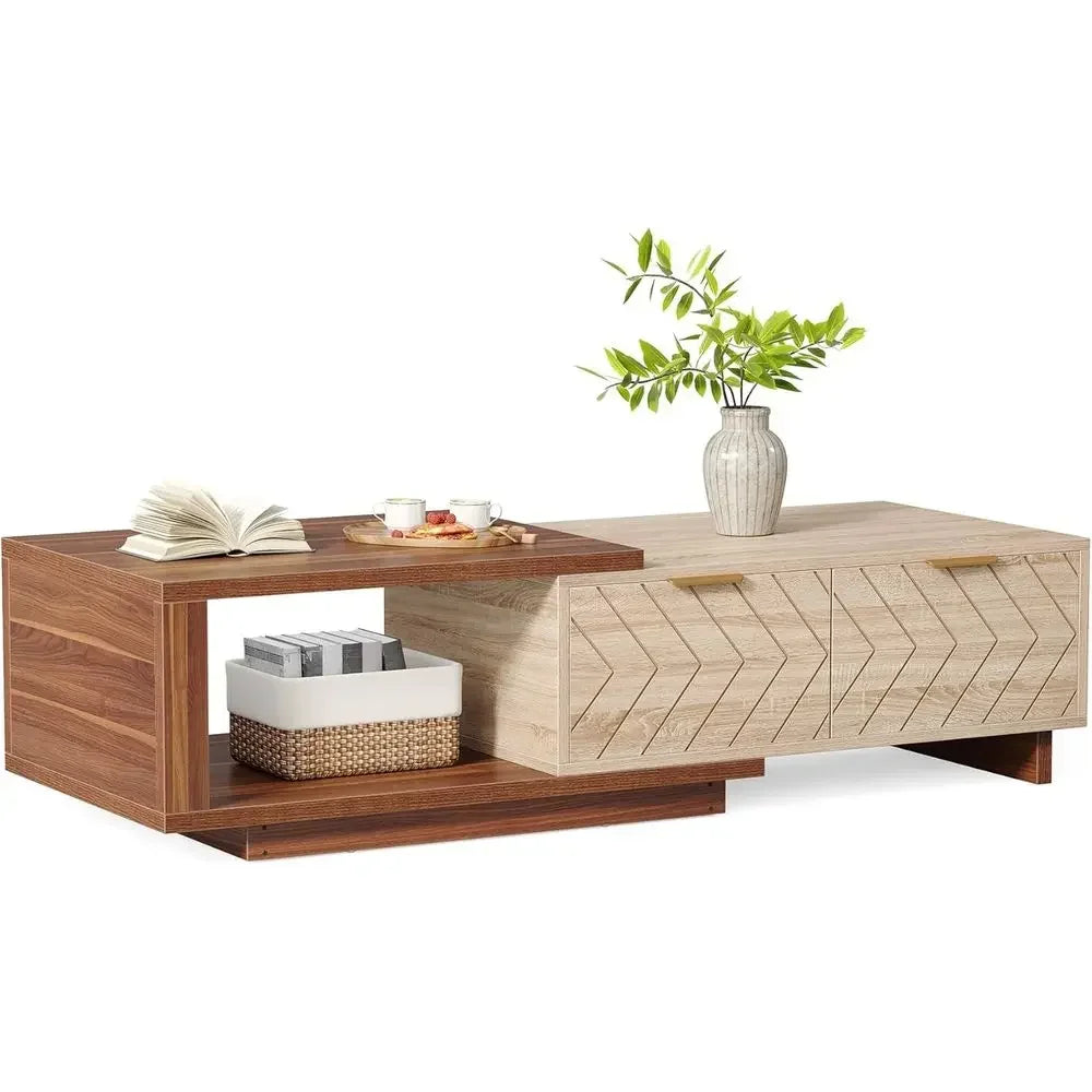 Expandable Wooden Coffee Table With 2 Drawers Rectangular Center Table