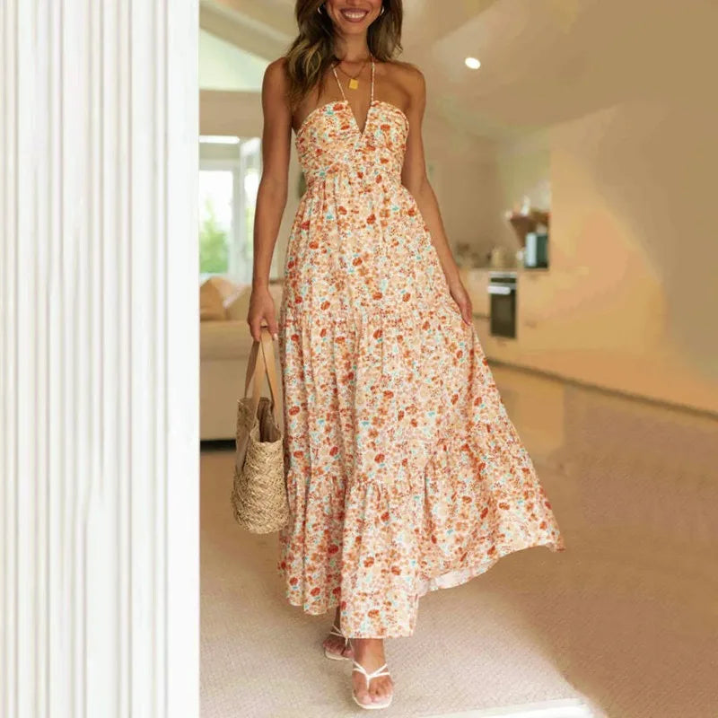 Summer Holiday Maxi Dress Women Spaghetti Strap V Neck