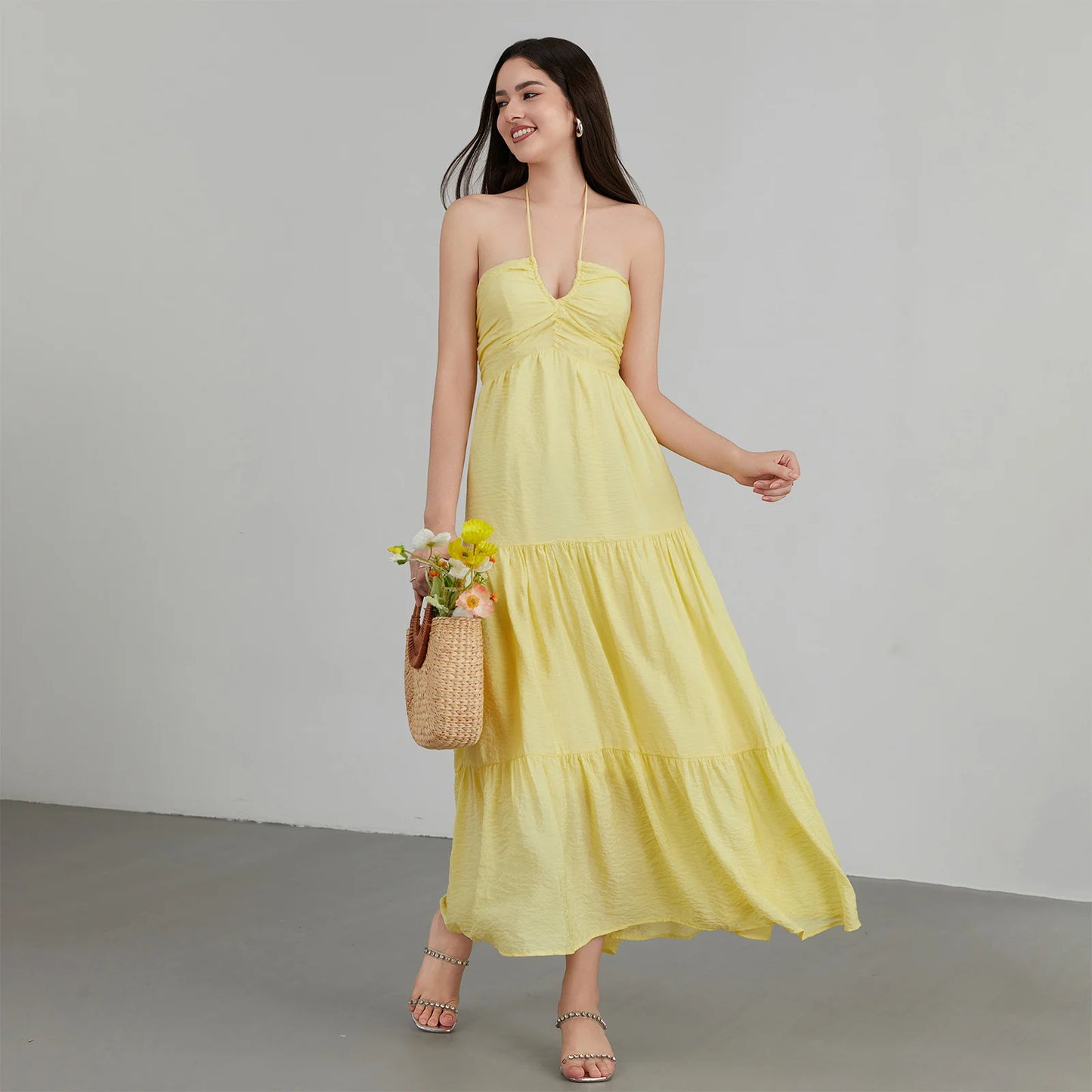 ThefoundCN Women A Line Halter Neck Backless Sleeveless Dress Tie Up Beach