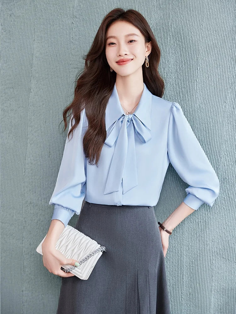 Others Blue Bow Tie Shirt Skirt Set For Professional Commuter And Interview