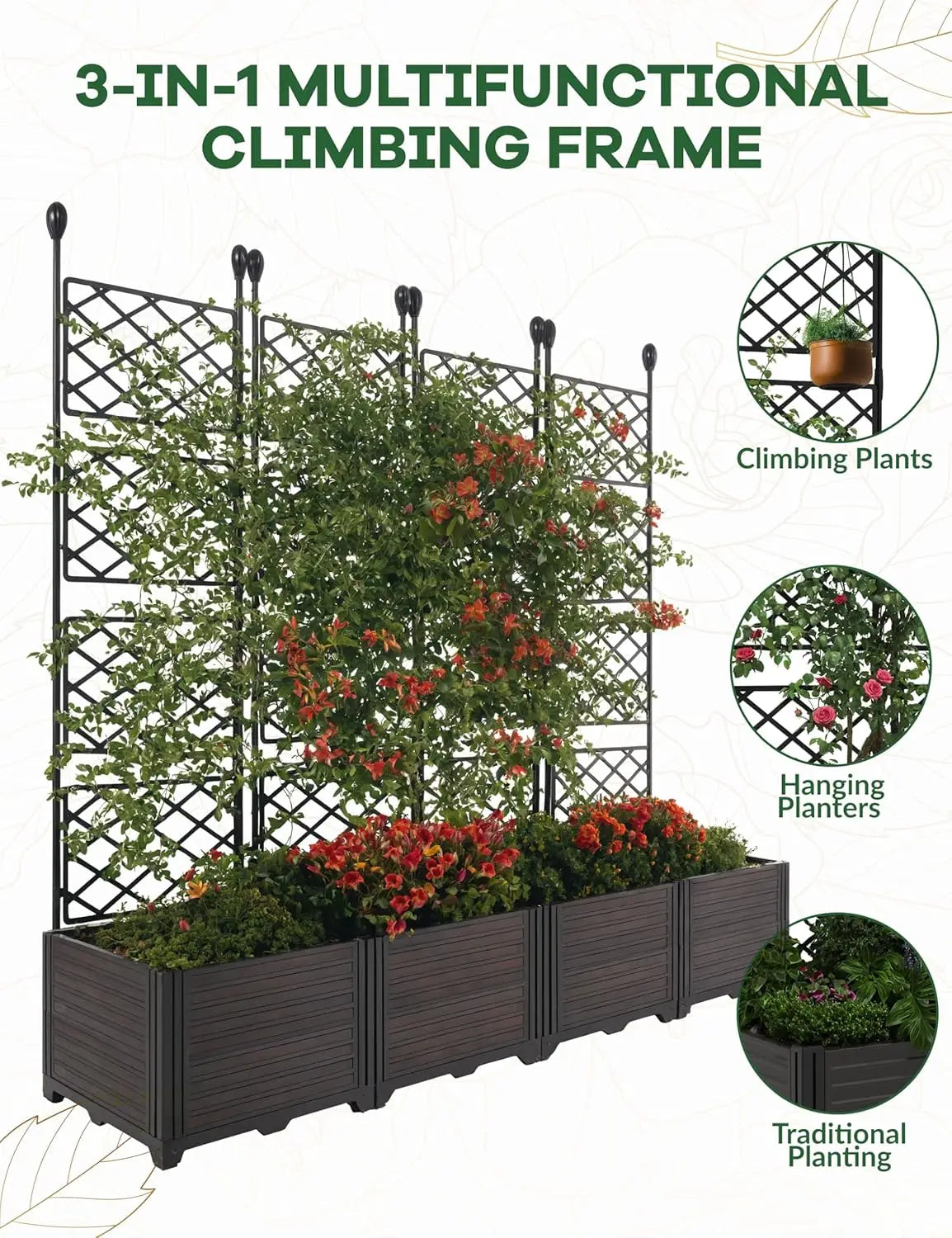 HiMISS Plastic Plant Box With Metal Trellis Raised Garden Bed