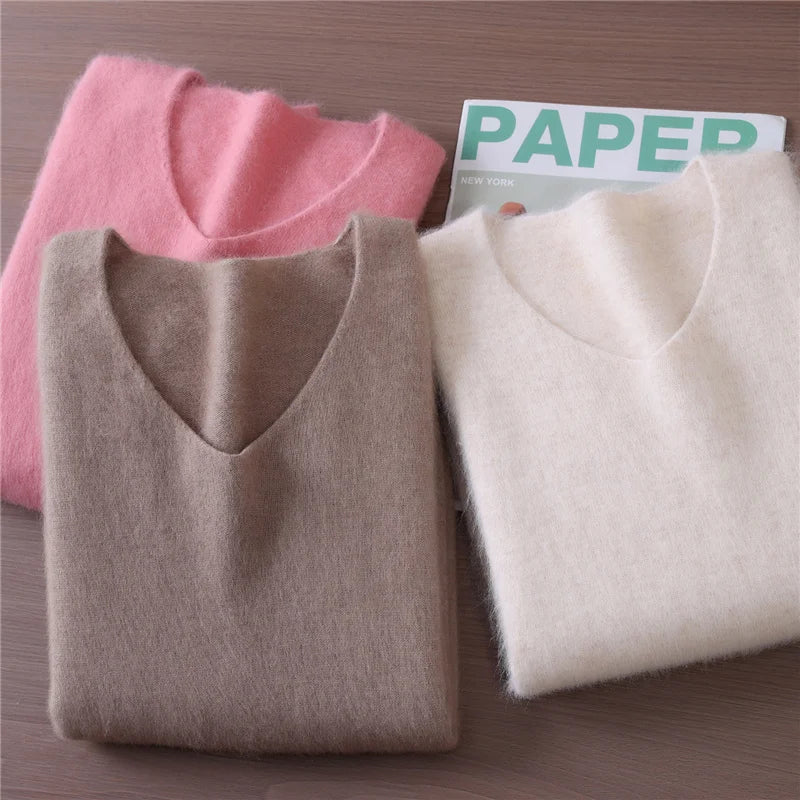 Mink Cashmere Women's V-Neck Knit Pullover Sweater