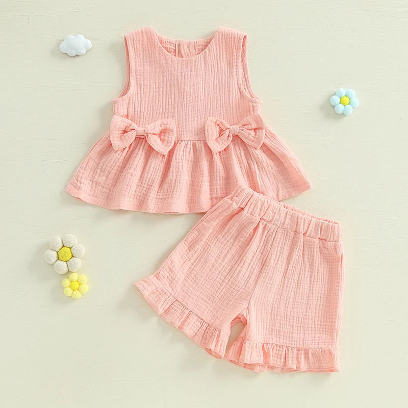 Lioraitiin Toddler Girl Summer Bow Neck Tank Top Set