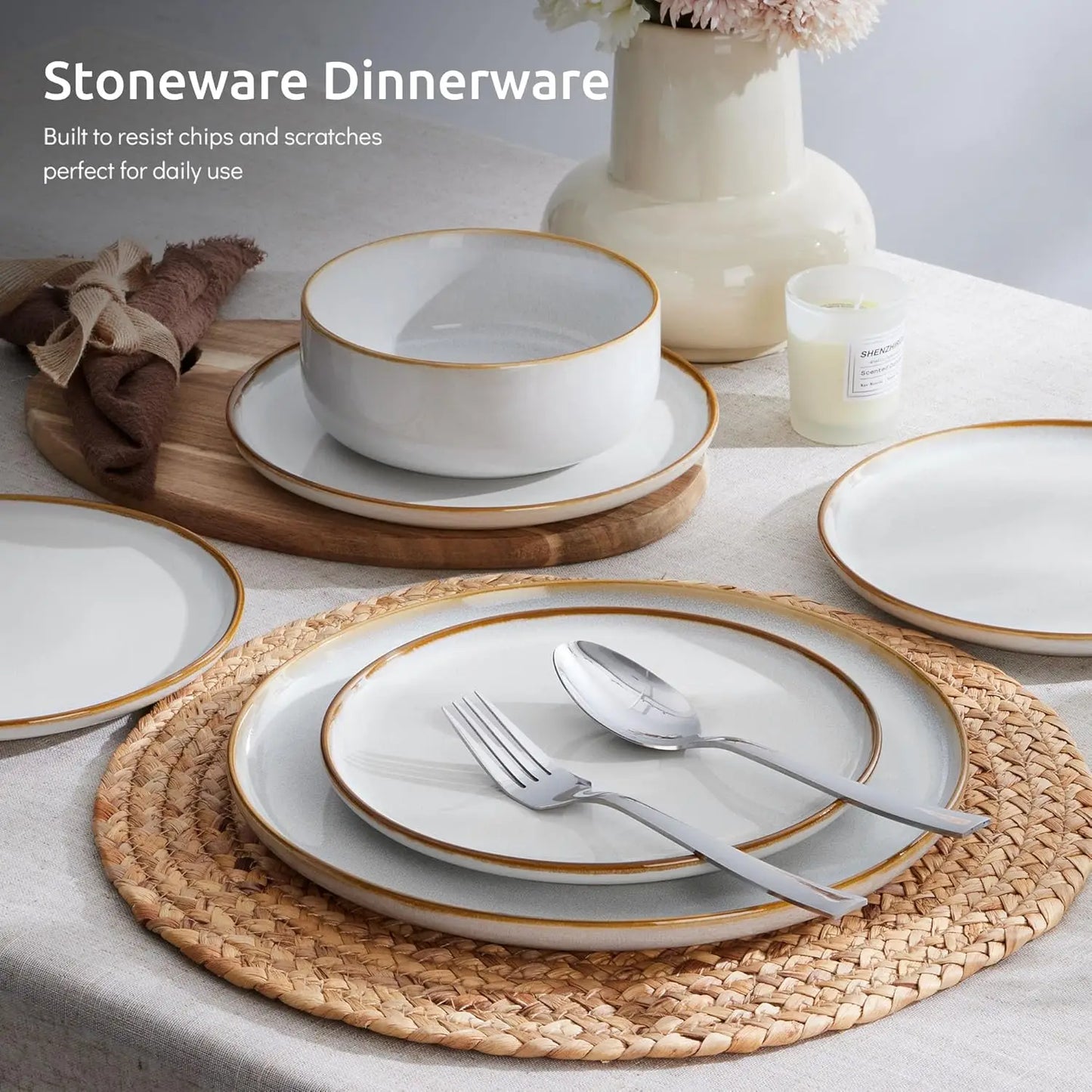 12 Piece Stoneware Plates And Bowls Set For Four People