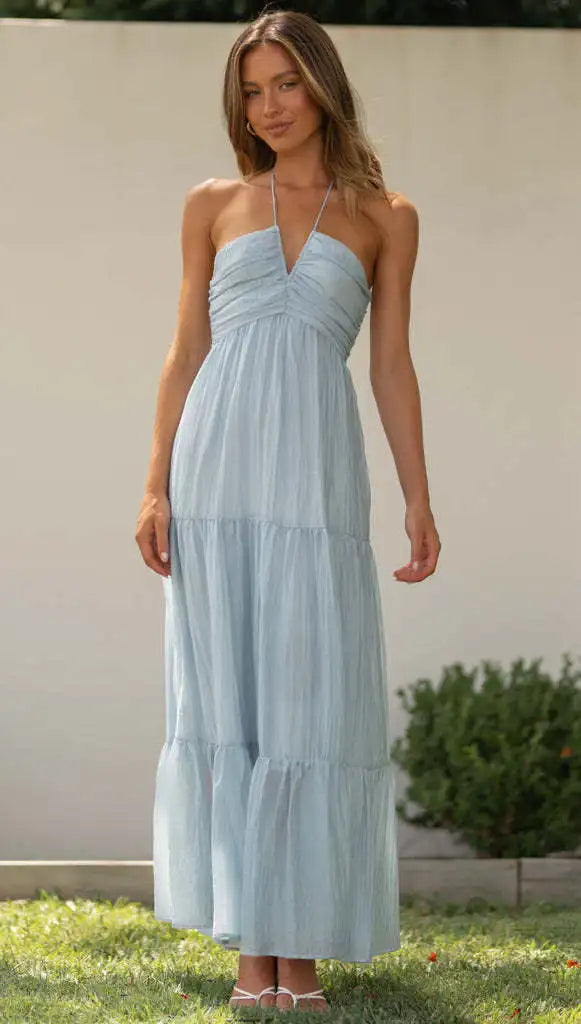 Others Sleeveless Chiffon High Waist V-Neck A-Line Midi Dress