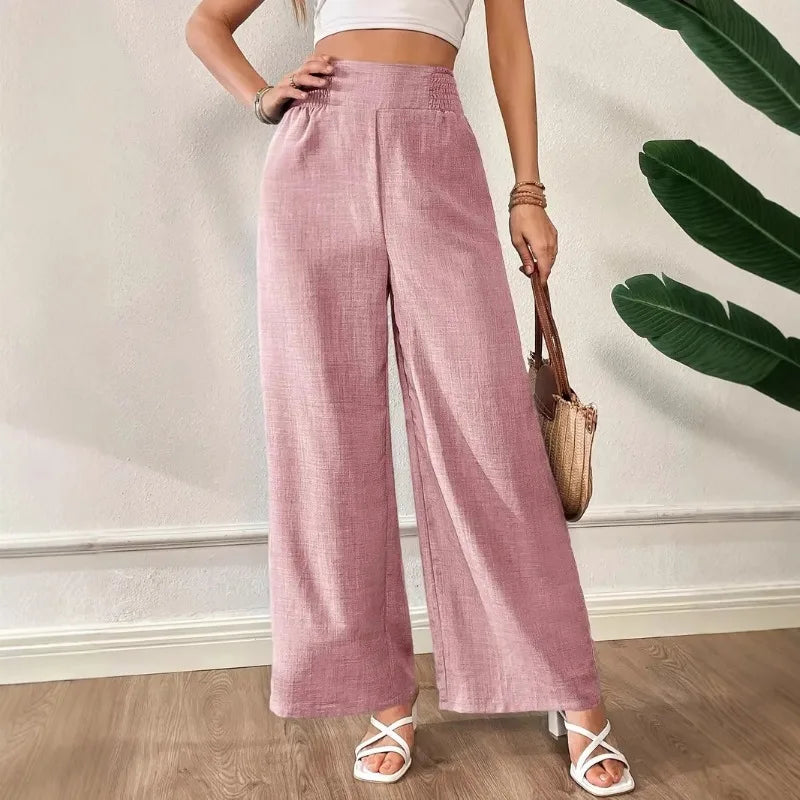 Womens Linen Blend High Waist Wide Leg Pants Smocked Waist