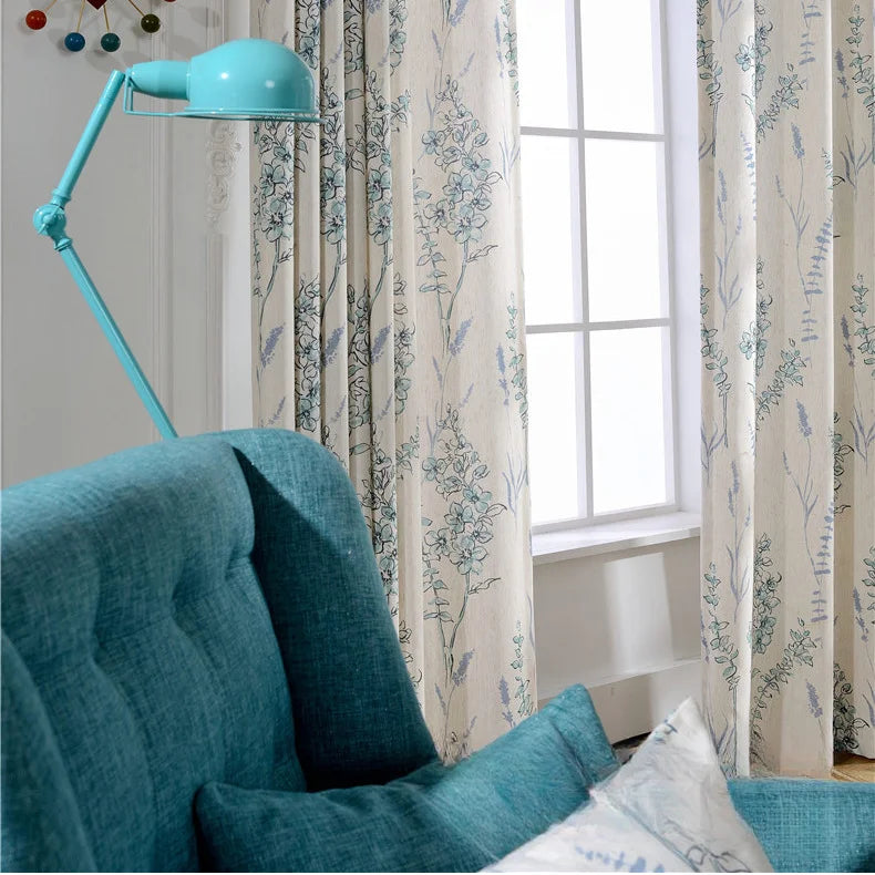 New American Style Fresh Cotton and Linen Printed Partition Bluey Window Curtains for Living Dining Room Bedroom Kitchen Home
