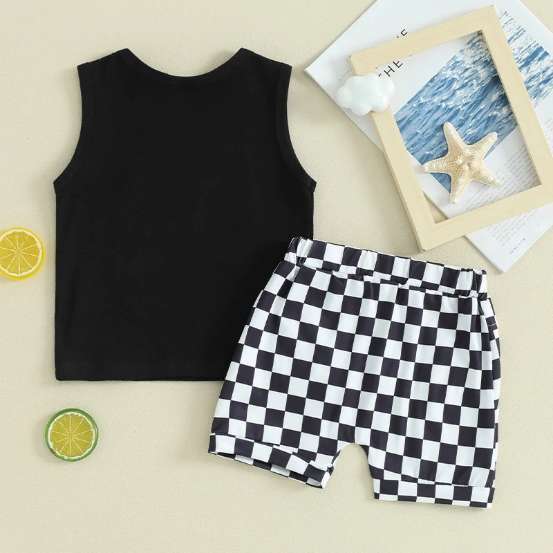 Lioraitiin Toddler Boys Summer Outfit Set Letter Car Print Tank Tops And Shorts
