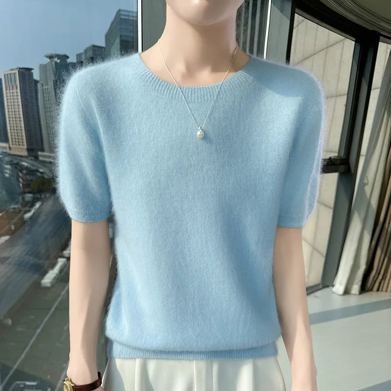 FRSEUCAG Women's Mink Cashmere Knit Sweater O-Neck Short Sleeve Pullover