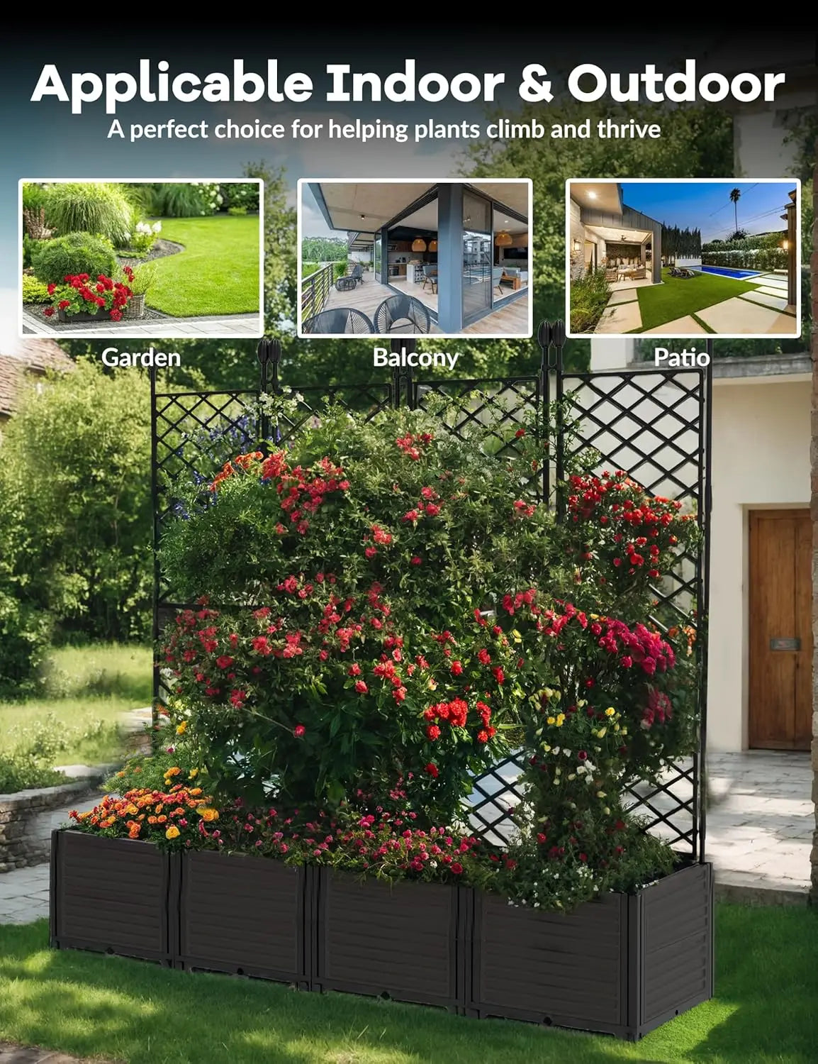 HiMISS Plastic Plant Box With Metal Trellis Raised Garden Bed