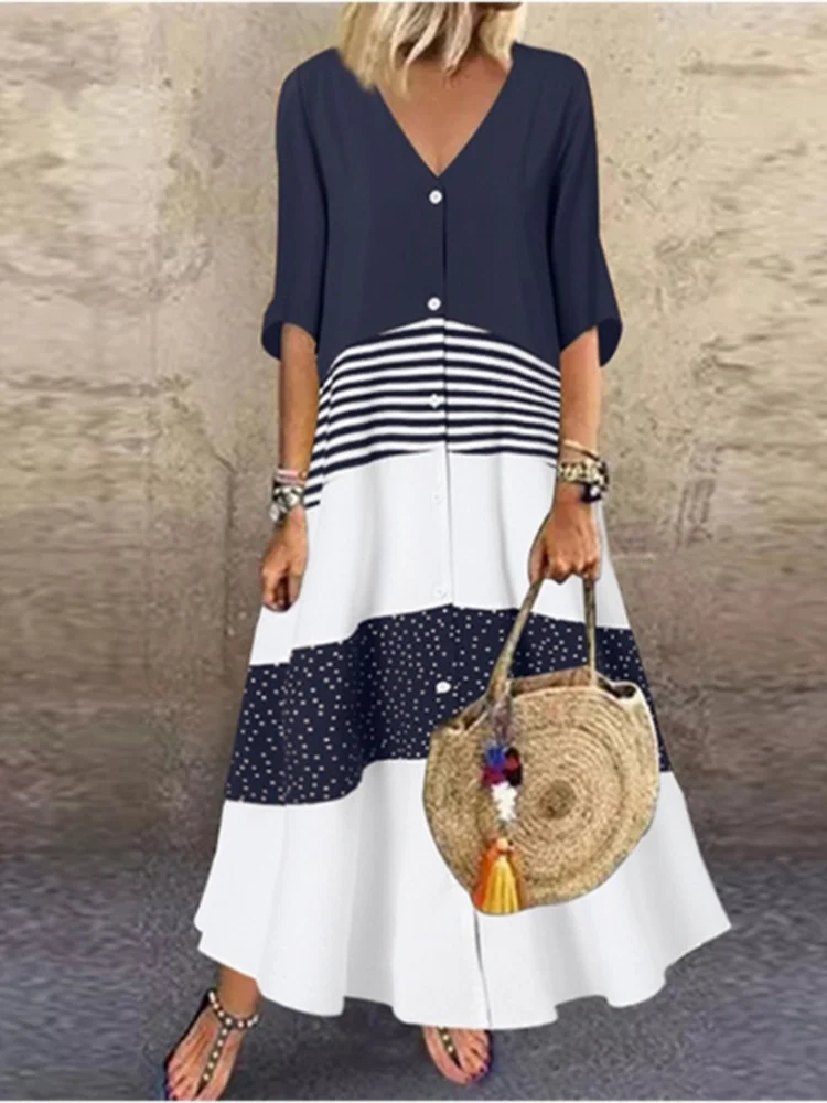 Inpetal Block Printed Short Sleeve V Neck Button Dress Summer Retro
