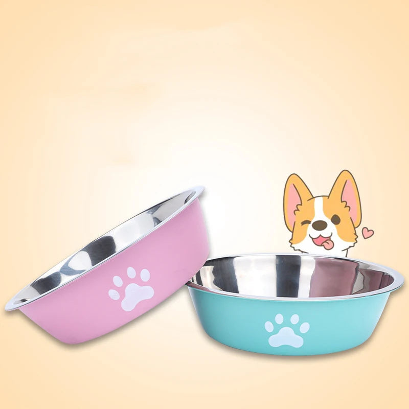 Stainless Steel Dog Bowl With Paw Print Non Slip Design
