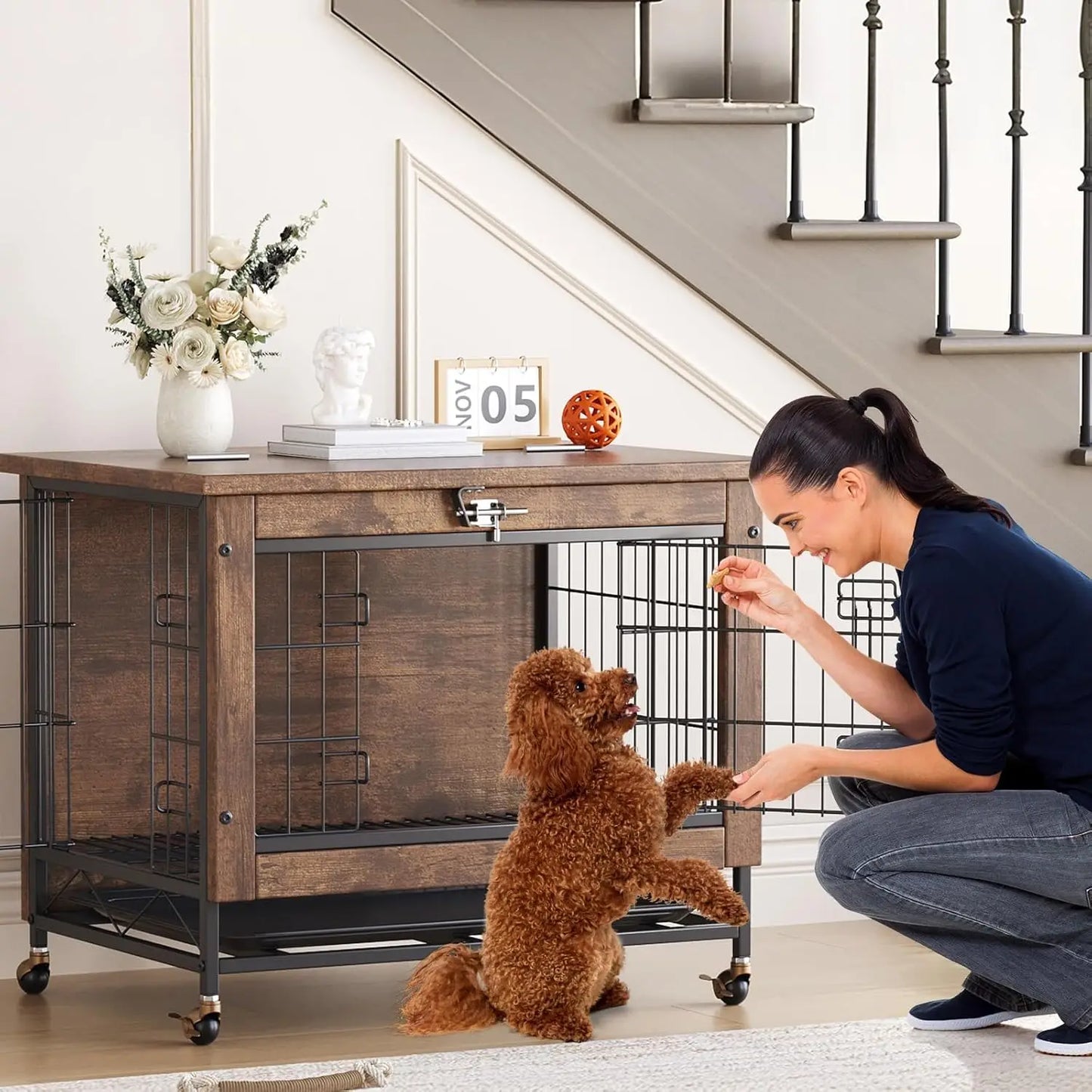 HiMISS Modern Wood Metal Dog Crate Furniture With Wheels