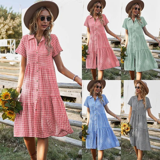 Cakulo Womens Checkered Shirtdress Short Sleeve Button Down Casual