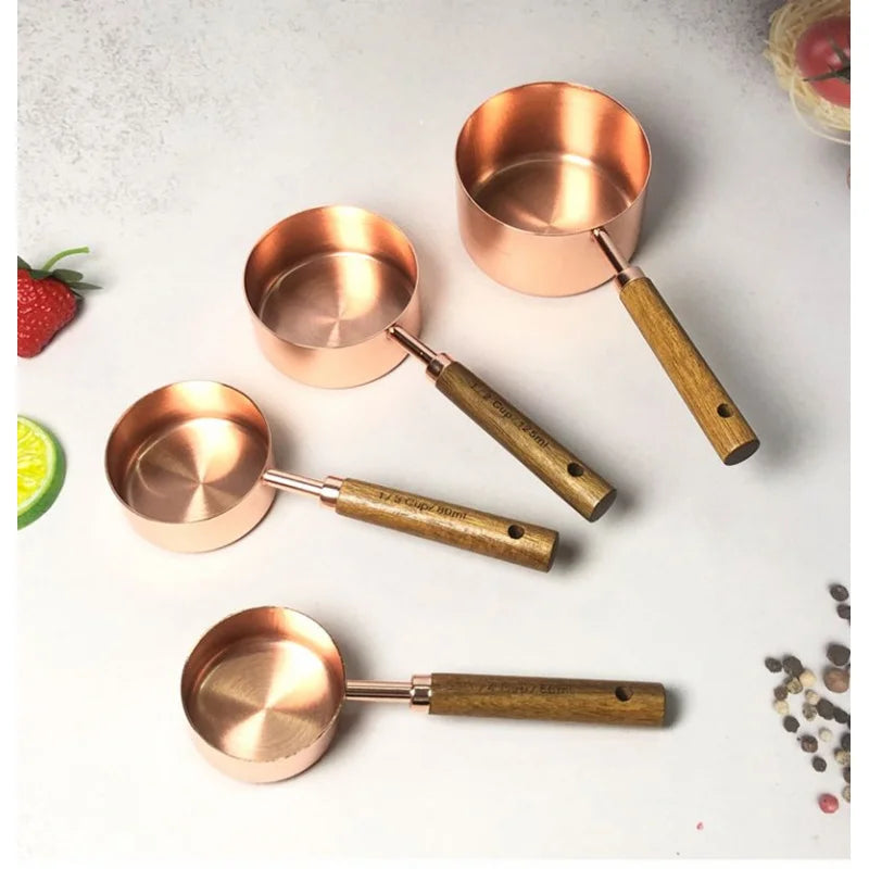 Stainless Steel Measuring Cups And Spoons Set With Wood Handle