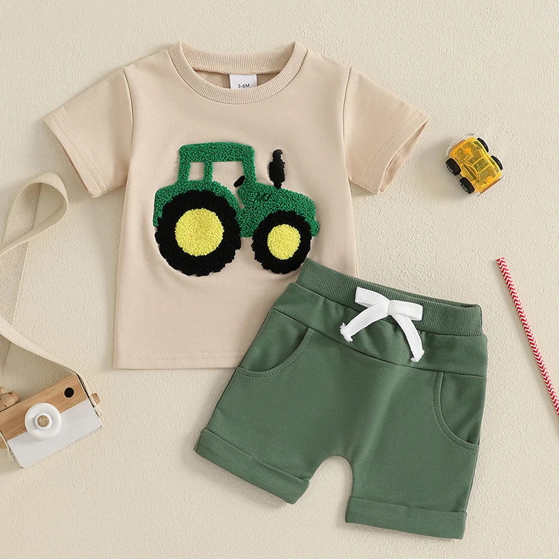 Lioraitiin Toddler Boys Summer Outfit Truck Embroidered Set