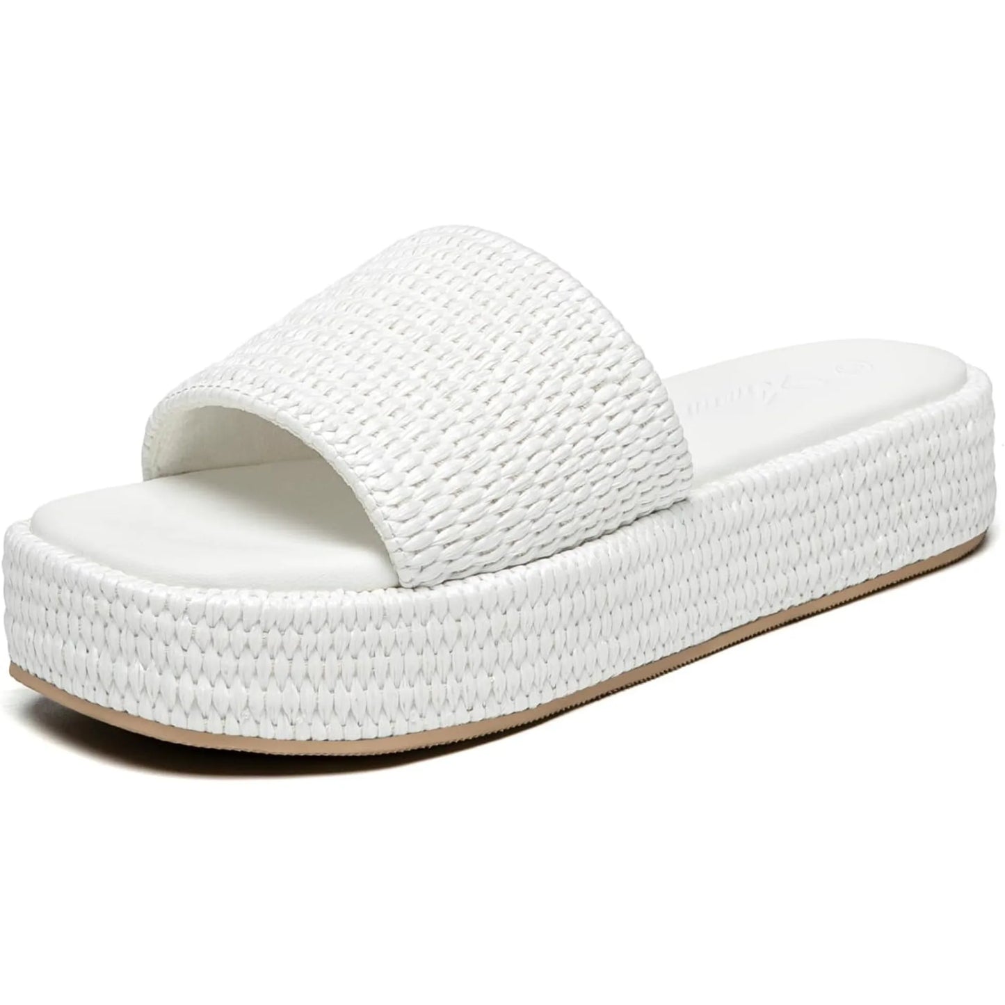 NONECN Women's Platform Raffia Sandals Open Toe Slip On Slides