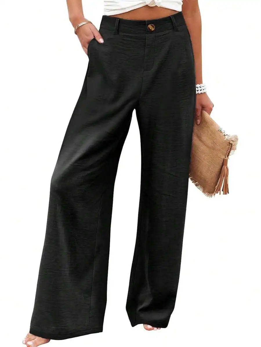 Womens Cotton Linen Wide Leg Trousers High Waist Button Up