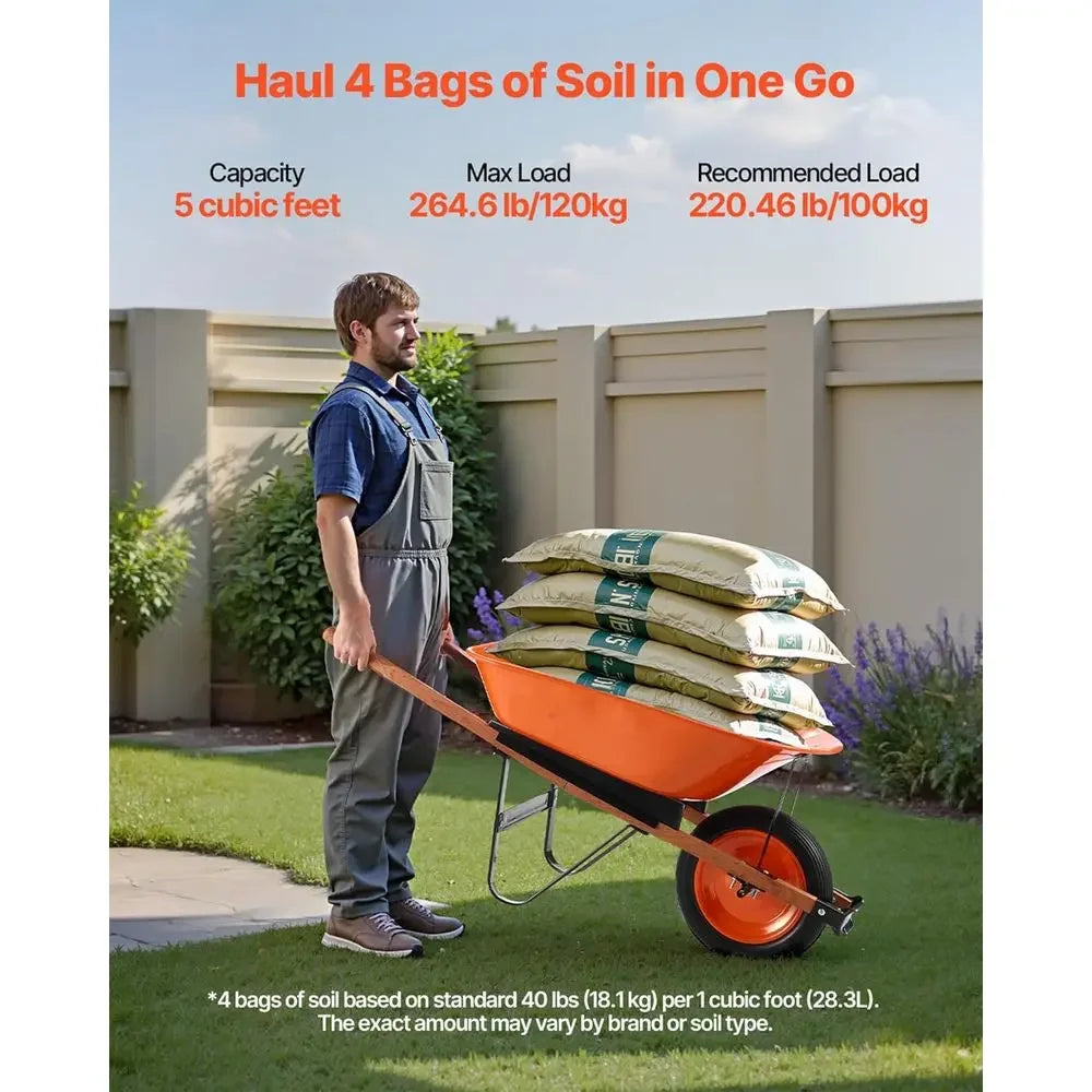 Single Wheel Garden Cart 5 Cu Ft Capacity 265 Pounds