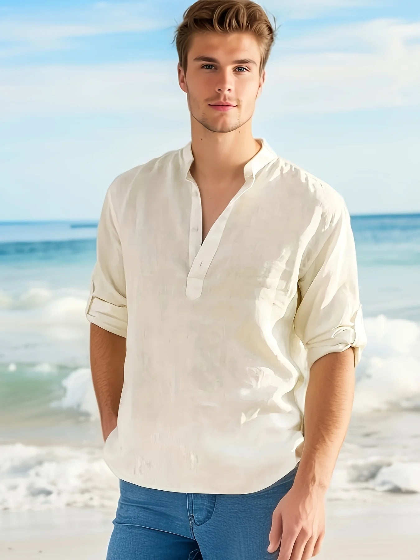 Men's Linen Stand Collar Long Sleeve Shirt Cotton Blend