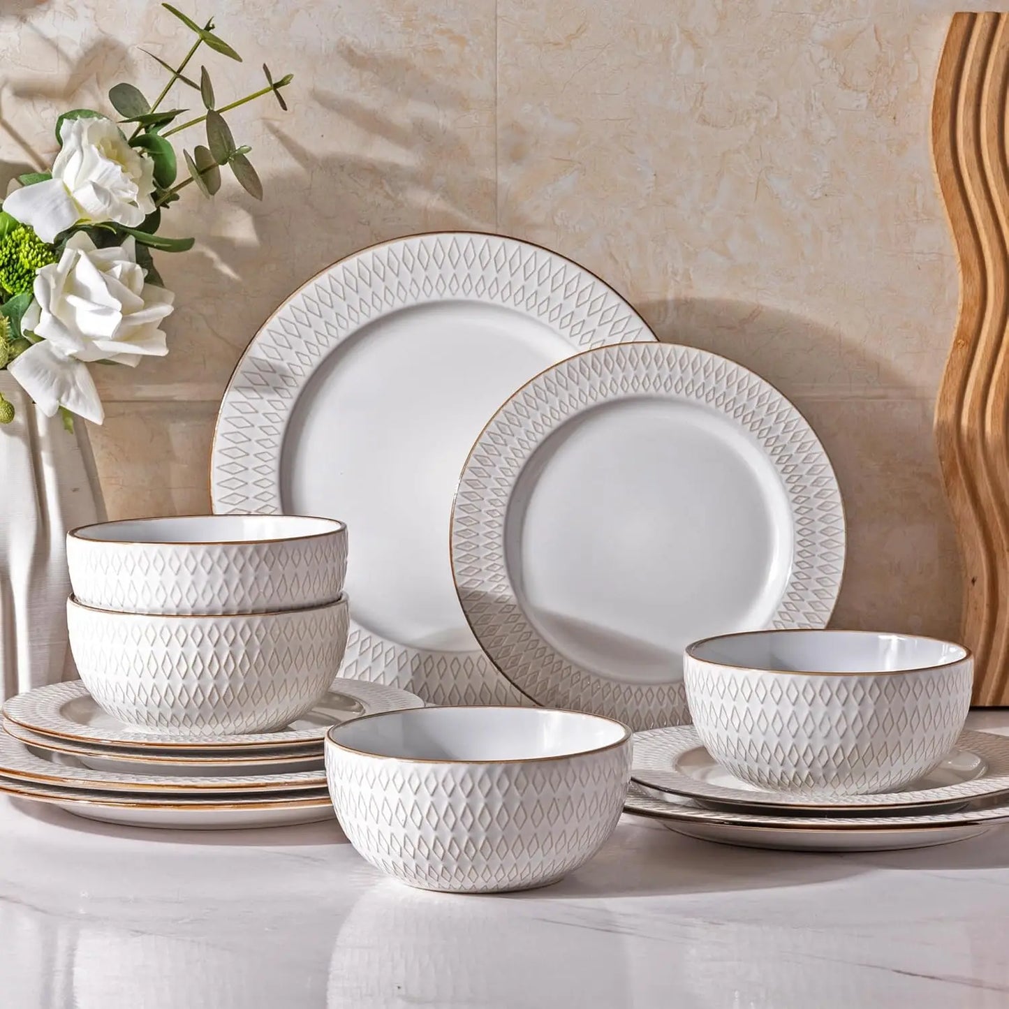 Ceramic Dinnerware Sets 12 Piece Embossed Stoneware Plates and Bowls