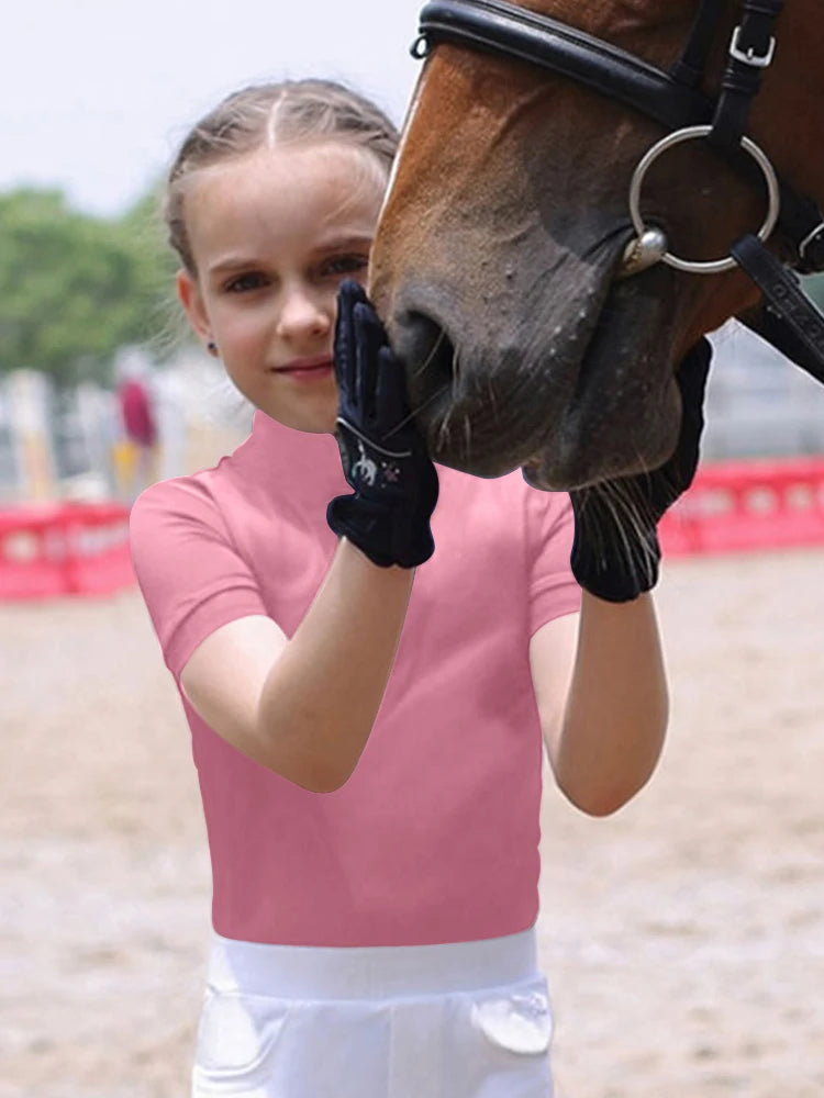 NONECN Equestrian Women Zip Front Horse Riding Top Short Sleeve