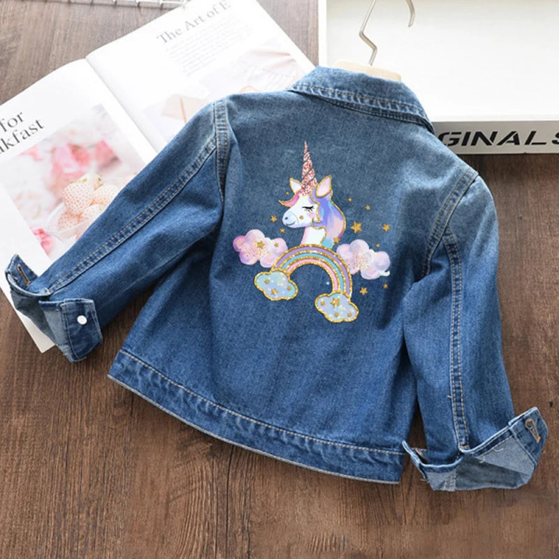 Sondr Girls Cartoon Unicorn Denim Jacket Casual Outerwear Coat