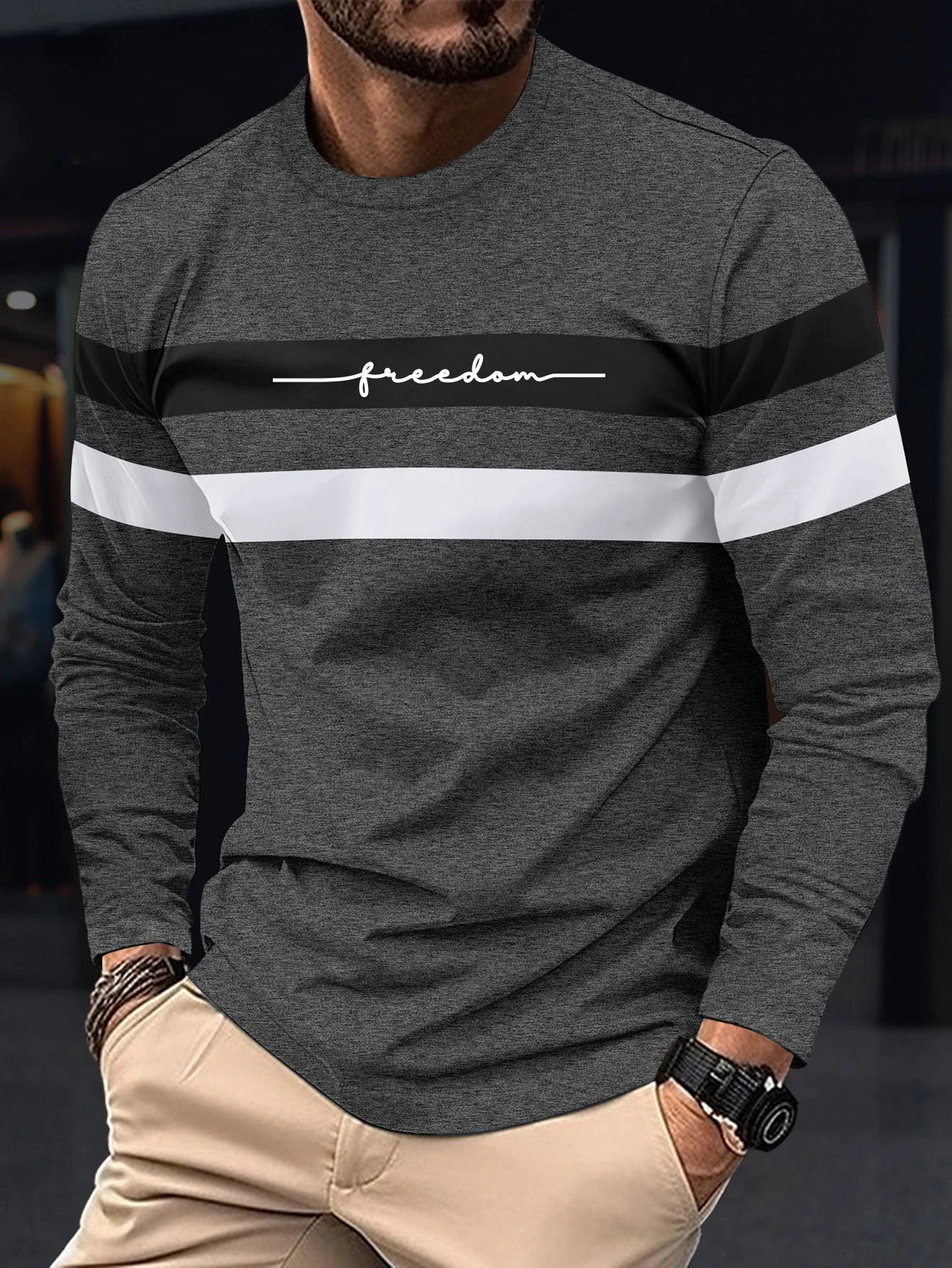 Autumn Mens Oversized Crew Neck Long Sleeve Stripe T Shirt