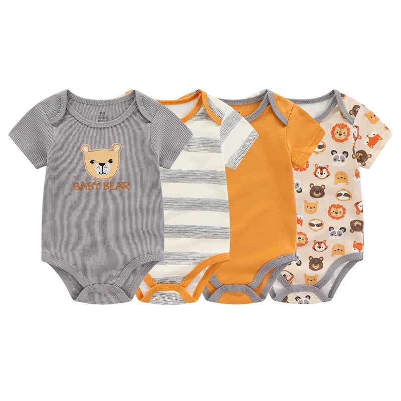 4 Piece Baby Bodysuits Set Summer Short Sleeve Cartoon Cotton Unisex