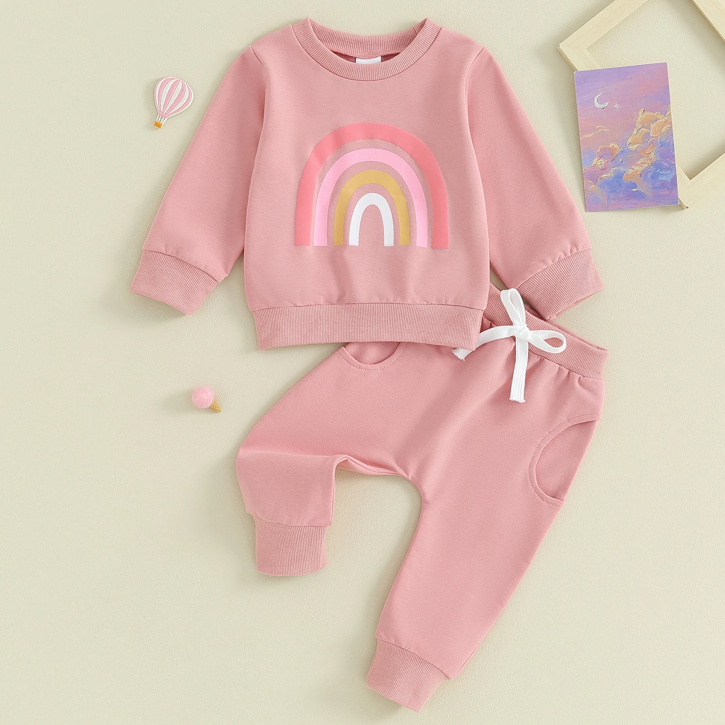 Citgeett Rainbow Print Toddler Unisex Sweatshirt and Pants Set