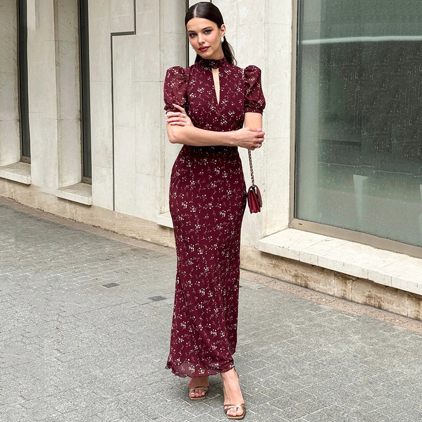 Linad Elegant Print Long Dress Chiffon High Waist Puff Sleeve