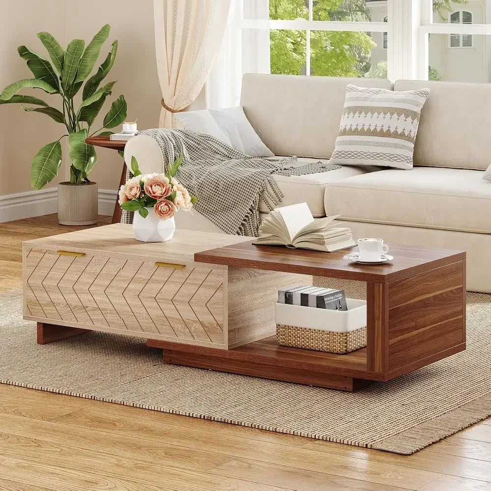 Expandable Wooden Coffee Table With 2 Drawers Rectangular Center Table