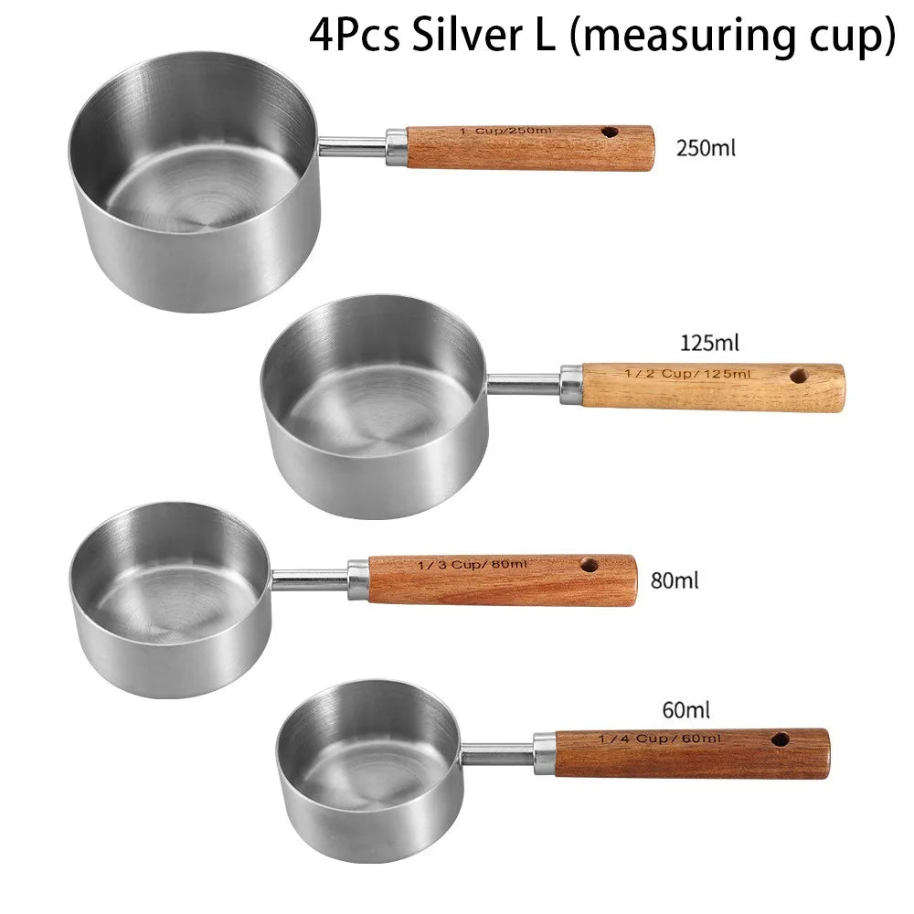 4Pcs Stainless Steel Measuring Cup Spoon Set With Wooden Handle