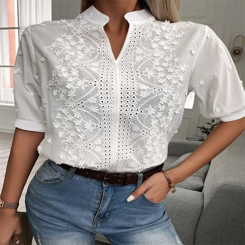 Elegant Short Sleeve Chiffon Blouse With Crochet Embroidery