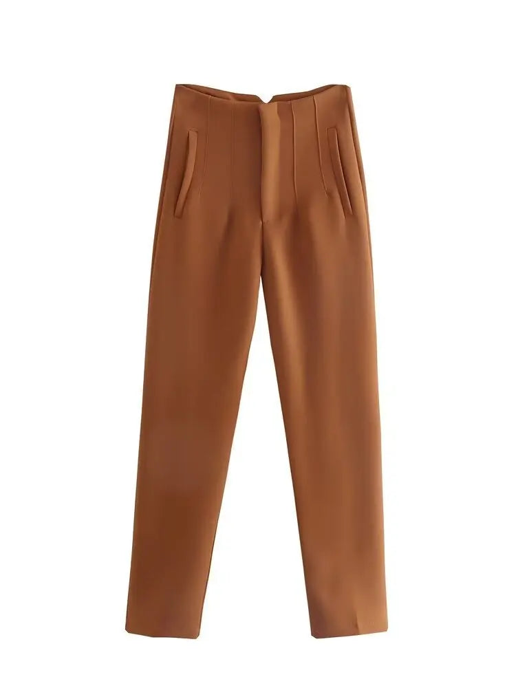 Others High Waist Casual Pants For Women Slim Fit Polyester