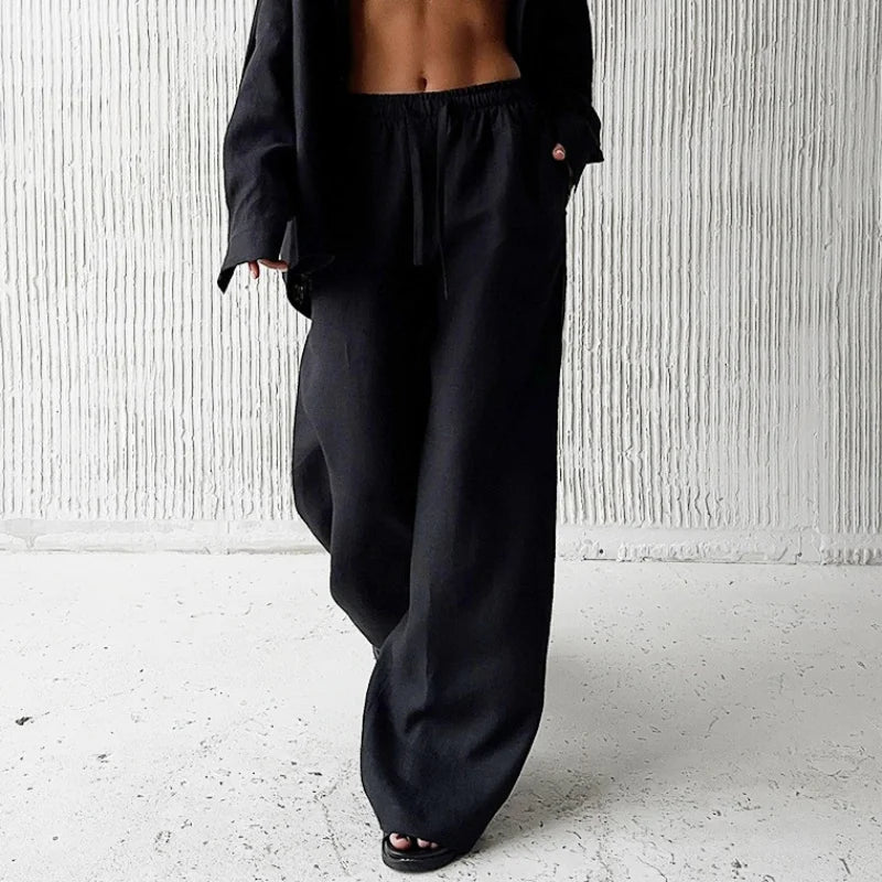 THTRUME CN Cotton Linen Baggy Pants High Waist Drawstring Women
